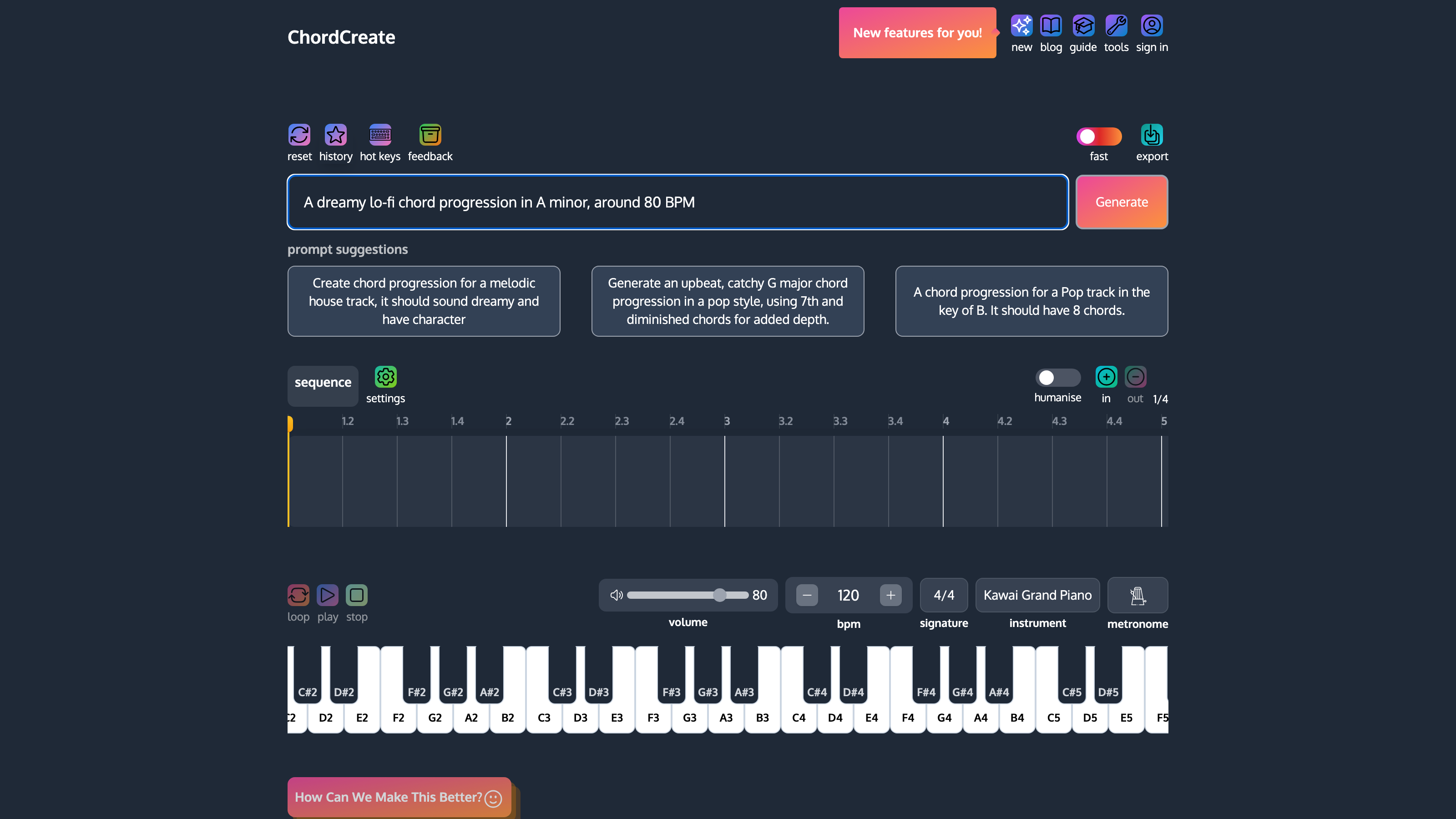The ChordCreate generator turning a text prompt into a chord progression