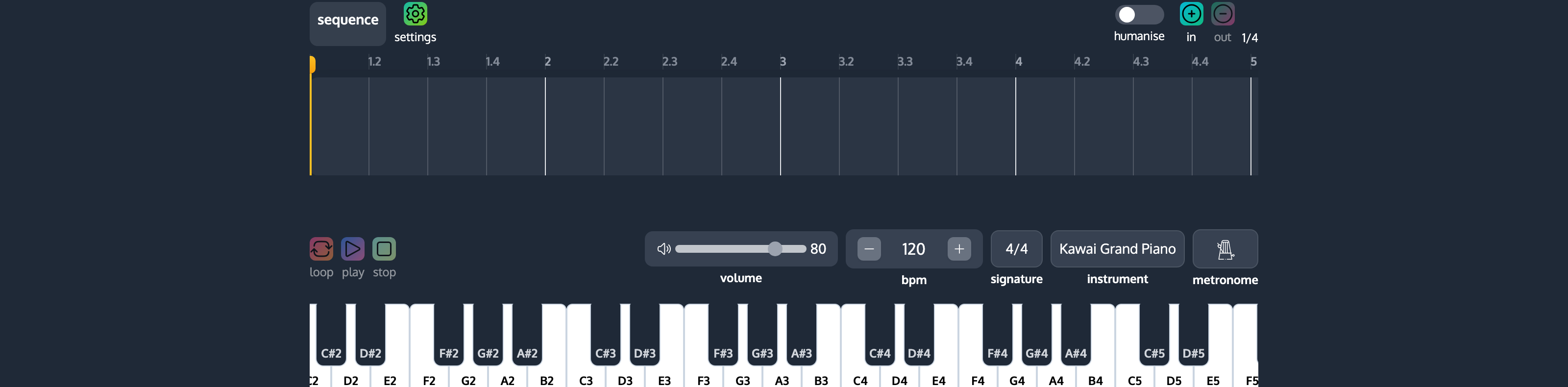 The ChordCreate sequencer with transport, instrument and tempo controls