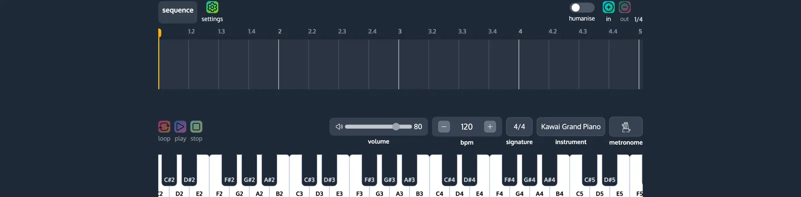 The ChordCreate sequencer below the prompt box, with loop, play and stop controls, BPM set to 120, 4/4 time and a Kawai Grand Piano selected