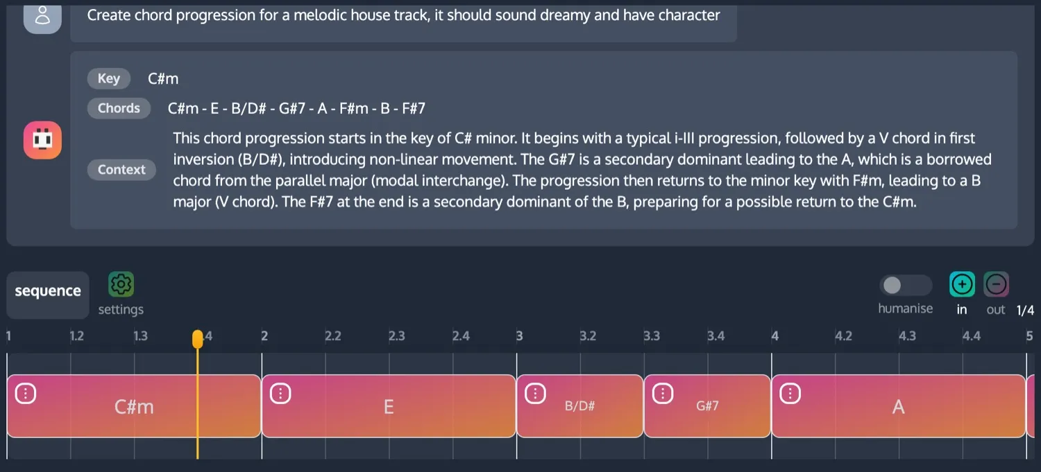 ChordCreate’s generator responding to a melodic house prompt with the key C sharp minor, the chords C sharp minor, E, B slash D sharp, G sharp 7, A, F sharp minor, B and F sharp 7, and a paragraph explaining the secondary dominants